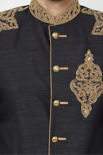 Black hand embroidered art silk sherwani for men