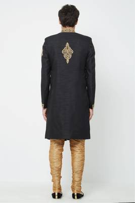 Black hand embroidered art silk sherwani for men 3