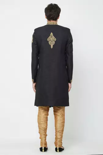 Black hand embroidered art silk sherwani for men