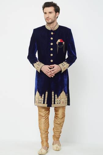 Navy blue hand embroidered velvet sherwani for men