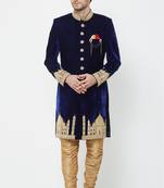 Navy blue hand embroidered velvet sherwani for men