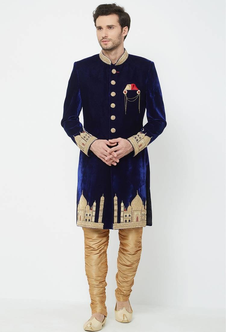 Navy blue hand embroidered velvet sherwani for men