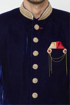 Navy blue hand embroidered velvet sherwani for men 2
