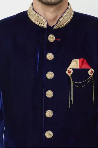 Navy blue hand embroidered velvet sherwani for men