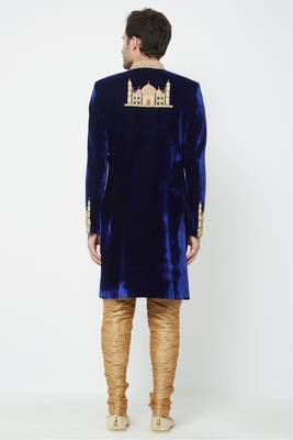 Navy blue hand embroidered velvet sherwani for men 3