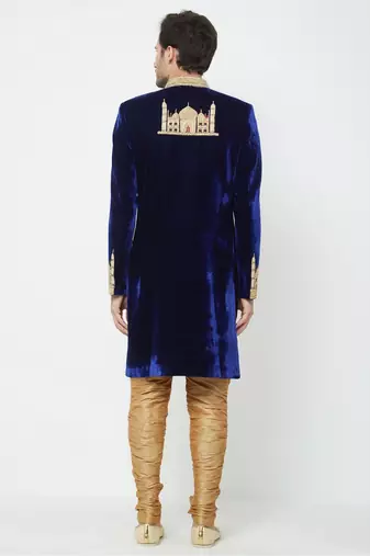 Navy blue hand embroidered velvet sherwani for men