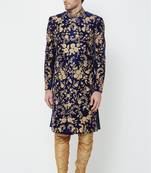 Navy blue hand embroidered velvet sherwani for men
