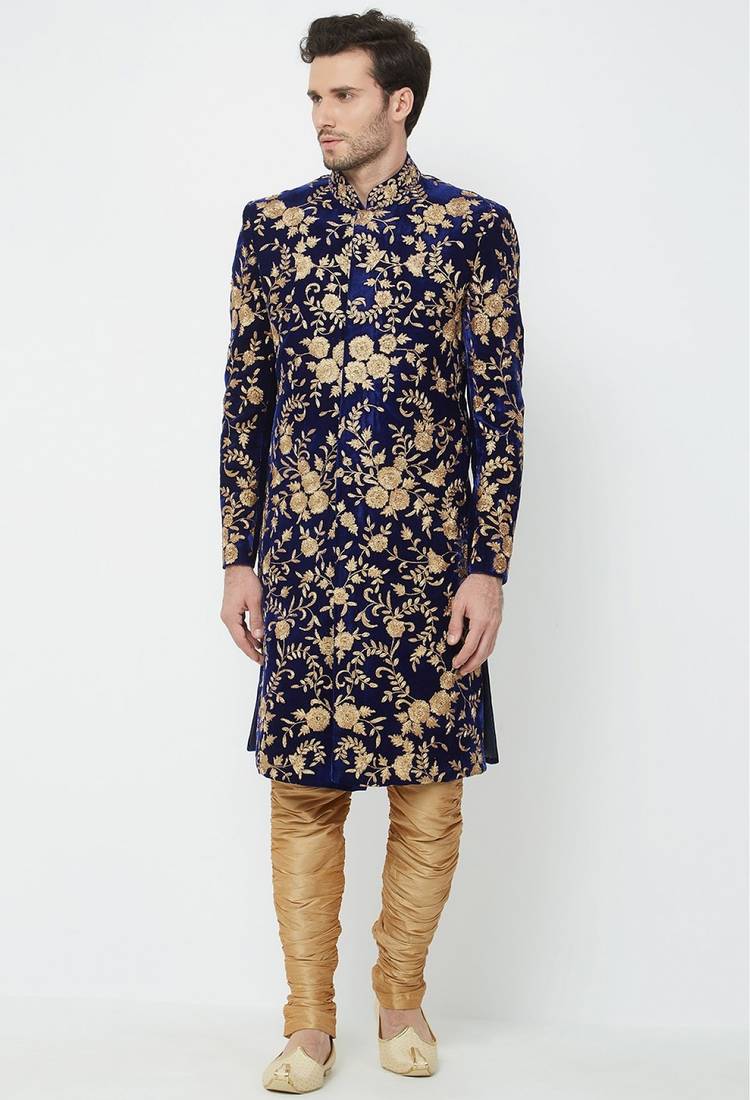 Navy blue hand embroidered velvet sherwani for men