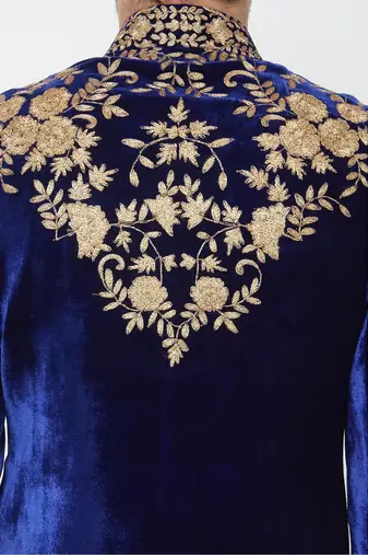 Navy blue hand embroidered velvet sherwani for men