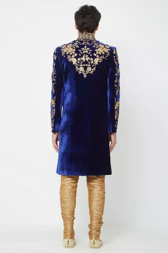 Navy blue hand embroidered velvet sherwani for men