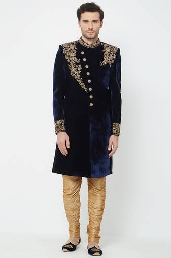 Navy blue hand embroidered velvet sherwani for men