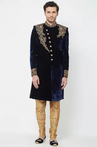 Navy blue hand embroidered velvet sherwani for men