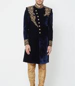 Navy blue hand embroidered velvet sherwani for men