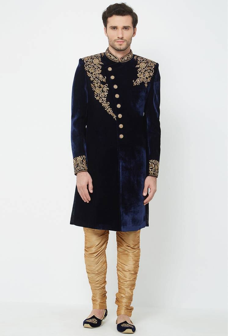 Navy blue hand embroidered velvet sherwani for men