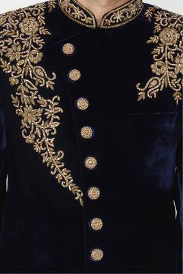 Navy blue hand embroidered velvet sherwani for men 2