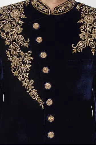 Navy blue hand embroidered velvet sherwani for men