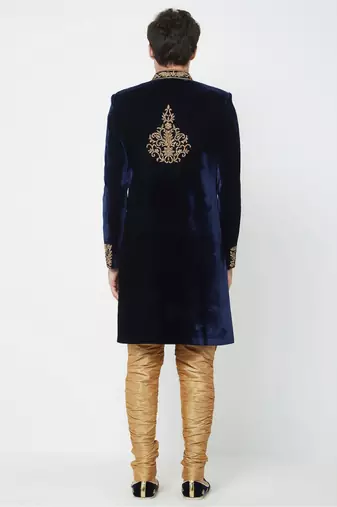 Navy blue hand embroidered velvet sherwani for men