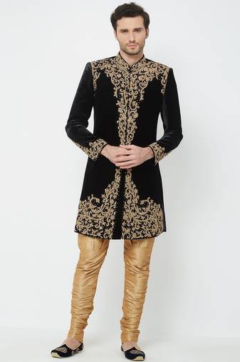 Black hand embroidered velvet sherwani for men