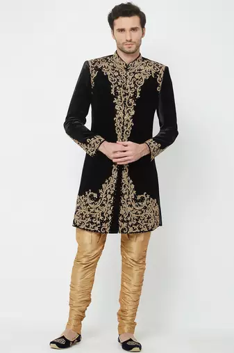 Black hand embroidered velvet sherwani for men