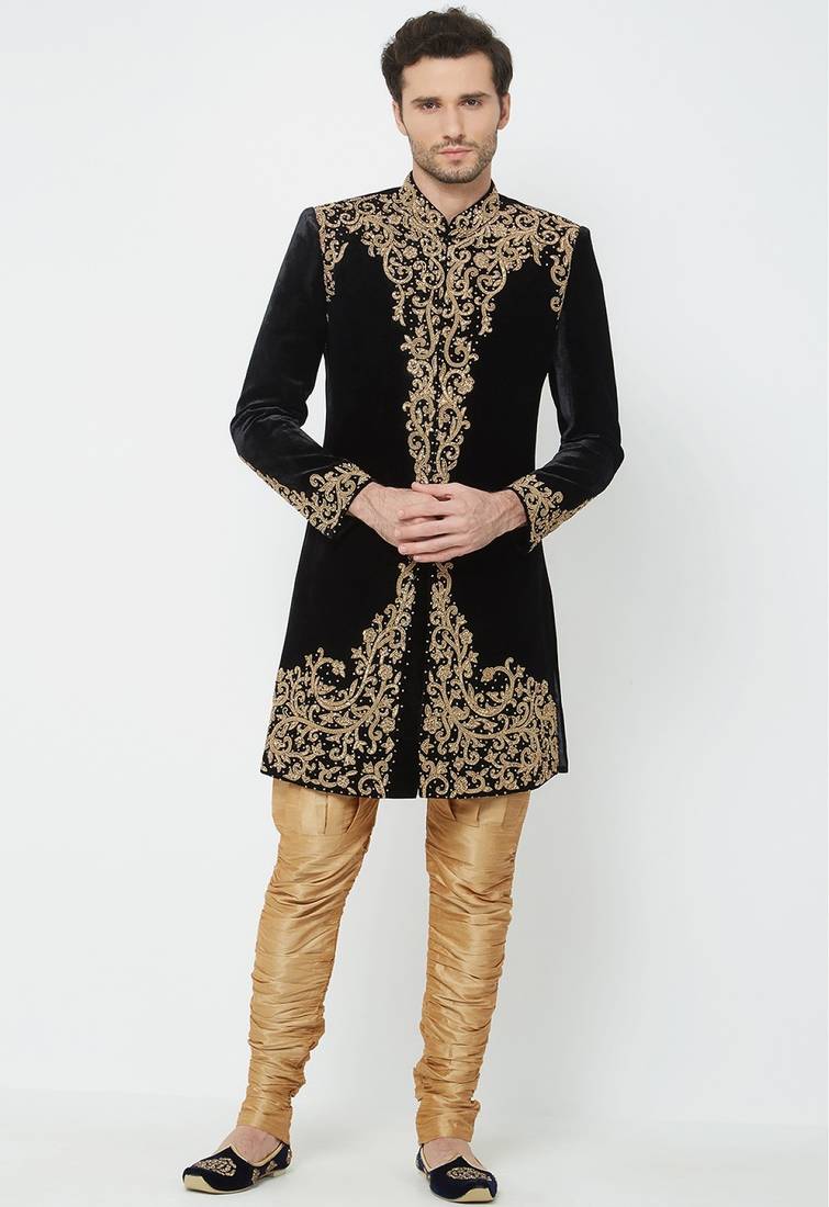 Black hand embroidered velvet sherwani for men