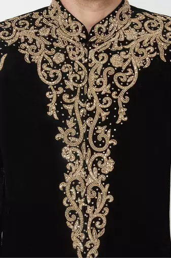 Black hand embroidered velvet sherwani for men