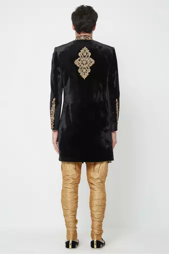 Black hand embroidered velvet sherwani for men