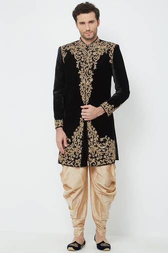 Black hand embroidered velvet sherwani for men