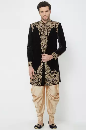 Black hand embroidered velvet sherwani for men