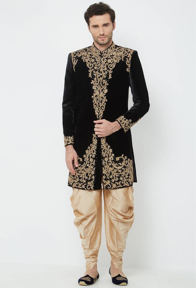 Black hand embroidered velvet sherwani for men