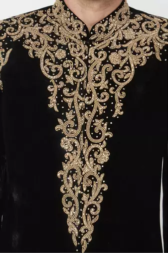 Black hand embroidered velvet sherwani for men