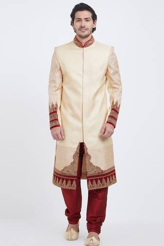 Cream hand embroidered brocade silk sherwani for men