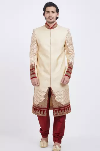 Cream hand embroidered brocade silk sherwani for men