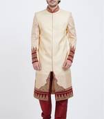 Cream hand embroidered brocade silk sherwani for men