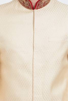 Cream hand embroidered brocade silk sherwani for men 2