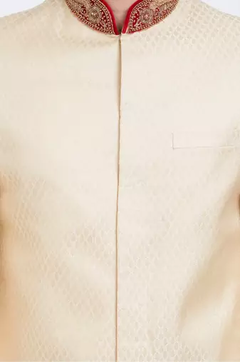 Cream hand embroidered brocade silk sherwani for men