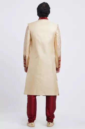 Cream hand embroidered brocade silk sherwani for men