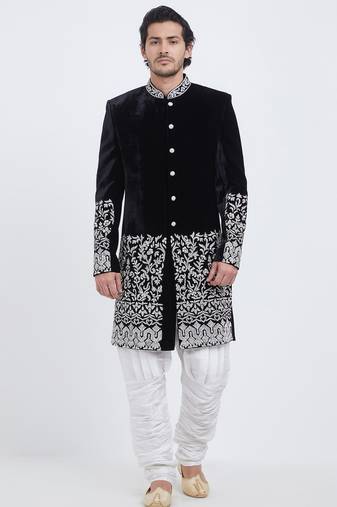 Black hand embroidered velvet sherwani for men