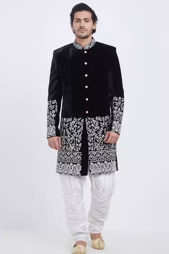Black hand embroidered velvet sherwani for men