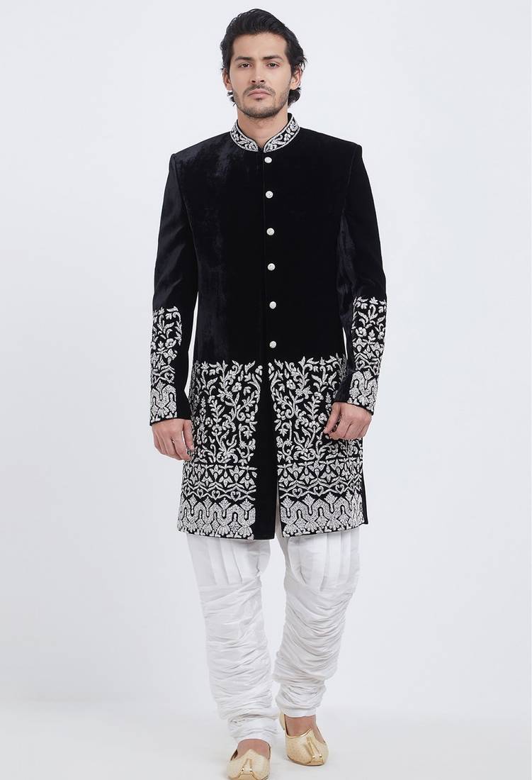 Black hand embroidered velvet sherwani for men