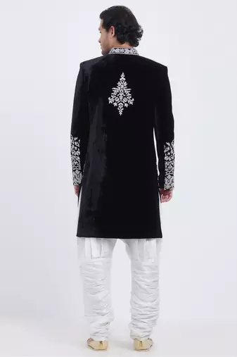 Black hand embroidered velvet sherwani for men
