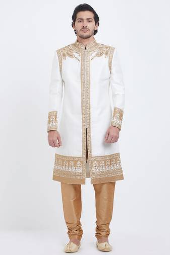 White hand embroidered art silk sherwani for men