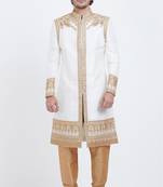 White hand embroidered art silk sherwani for men