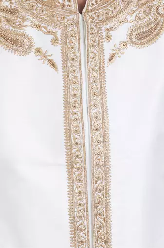 White hand embroidered art silk sherwani for men