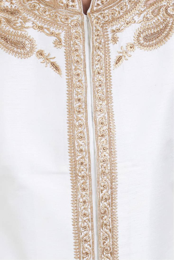 White hand embroidered art silk sherwani for men