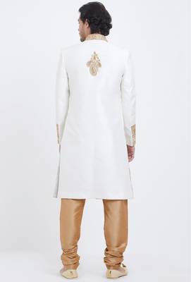 White hand embroidered art silk sherwani for men 3
