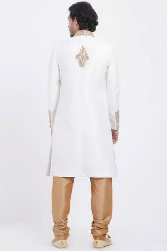 White hand embroidered art silk sherwani for men