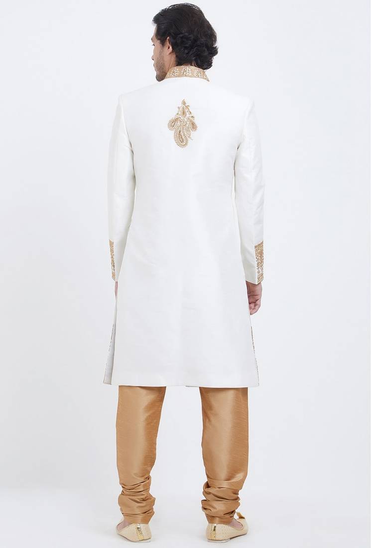 White hand embroidered art silk sherwani for men