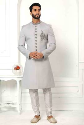 Grey hand embroidered teri rayon sherwani for men 1