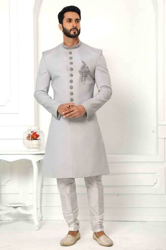Grey hand embroidered teri rayon sherwani for men