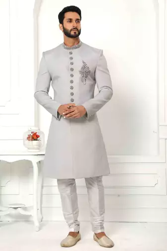 Grey hand embroidered teri rayon sherwani for men